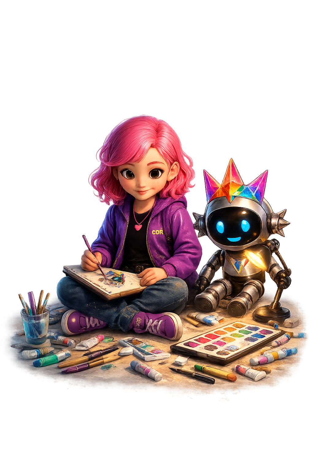 Child painting beside a friendly COR robot companion