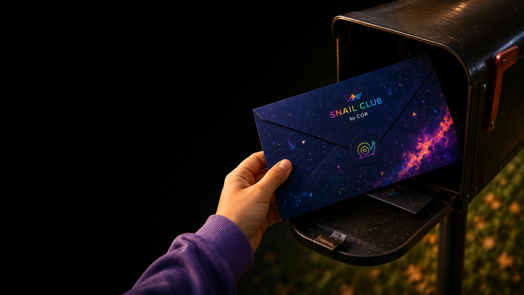 Snail Mail Club envelope being placed into a mailbox