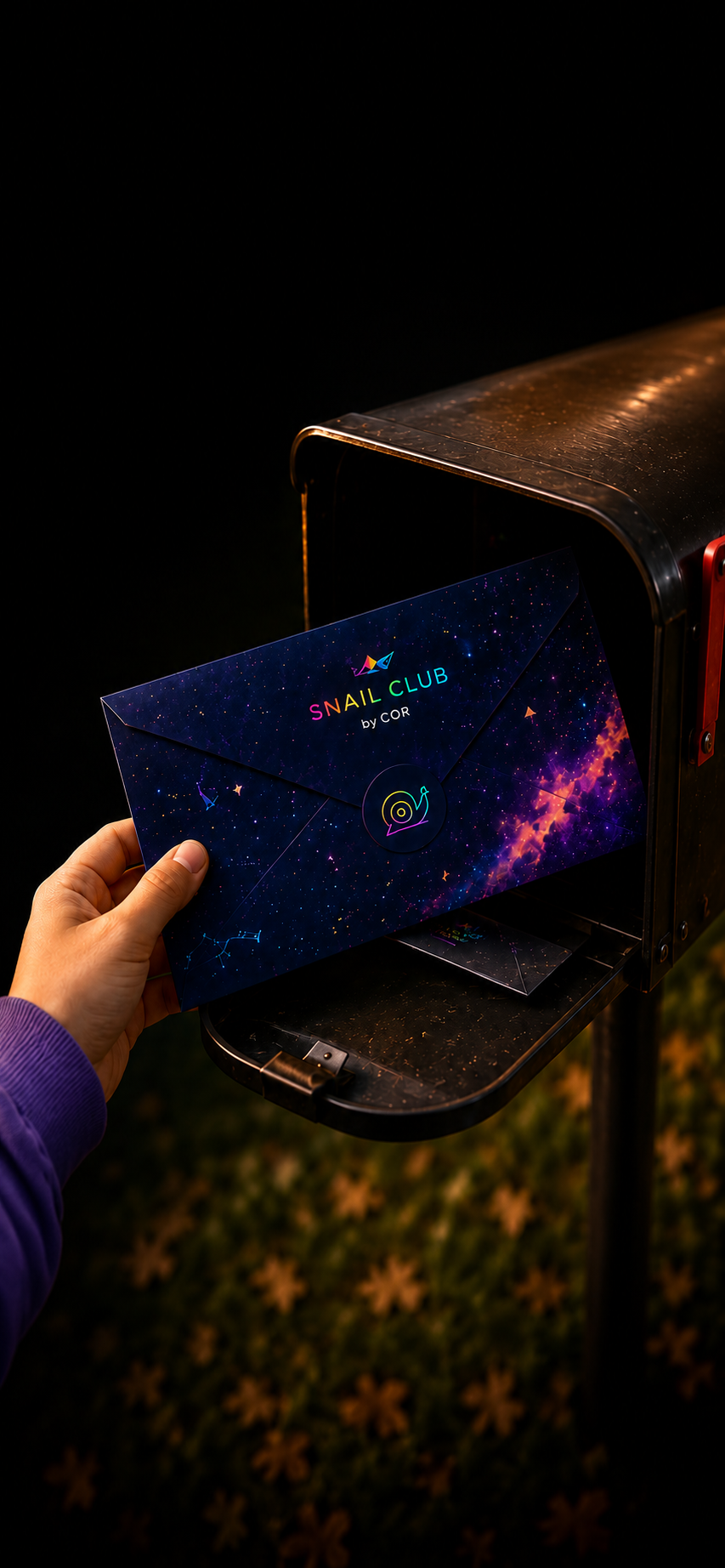 Snail Mail Club envelope being placed into a mailbox
